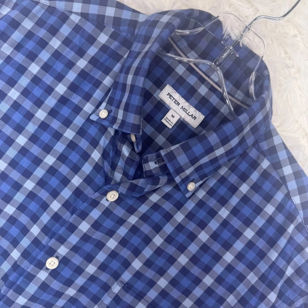 Peter Millar Shirt Mens M Blue Plaid Check Long Sleeve Button Down Cotton Blend
